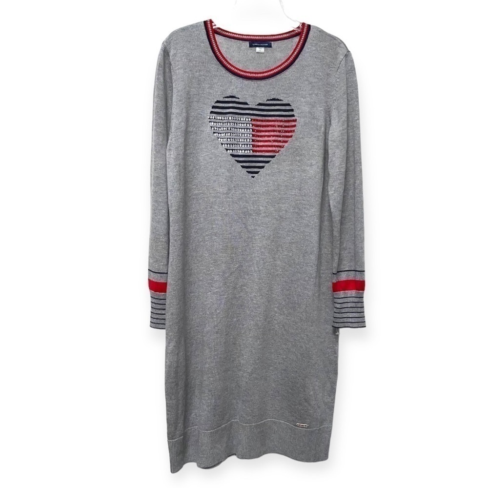 Tommy Hilfiger Embellished Heart Sweater Dress Size Large Gray Red Blue - Picture 2 of 11